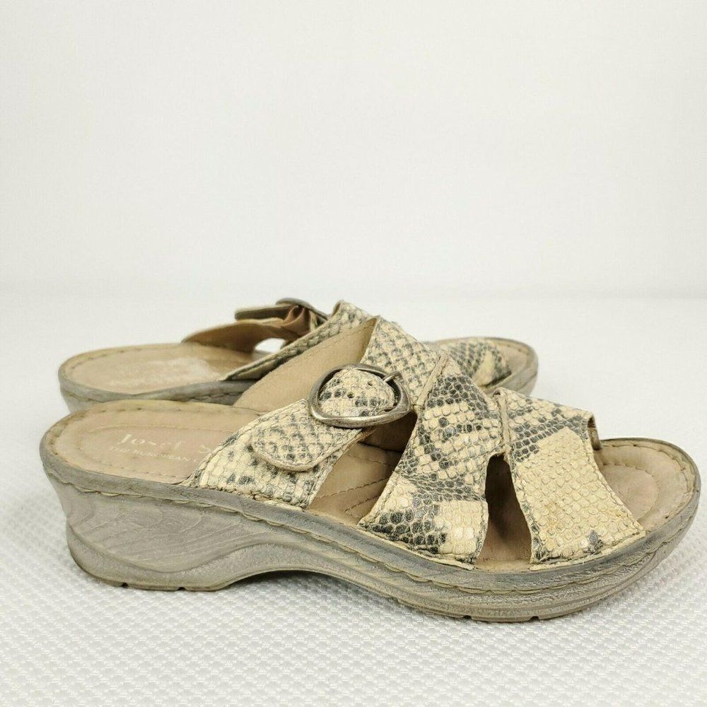 Josef Seibel Snake Print Slides Sandals Leather Size 37 Beige